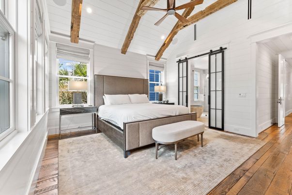Bedroom, Interior, Recessed Lighting, Wooden Beams, Wood Texture Flooring