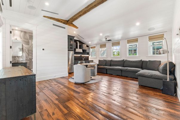 Interior, Kitchen, Living room, Recessed Lighting, Stainless Steel Appliances, Wooden Beams, Wood Texture Flooring