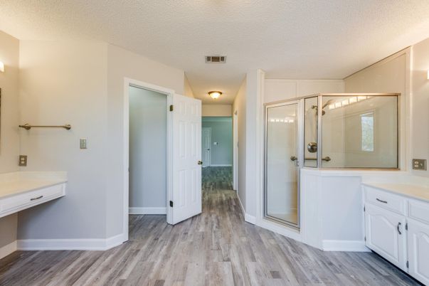 Bathroom, Glass Shower, Interior, Wood Texture Flooring