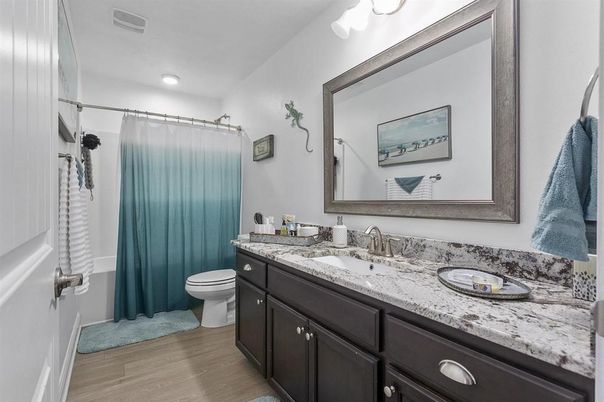 Bathroom, Dual Sink Vanities, Interior, Recessed Lighting, Wood Texture Flooring