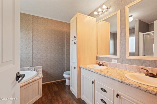 Bathroom, Dual Sink Vanities, Interior, Wood Texture Flooring