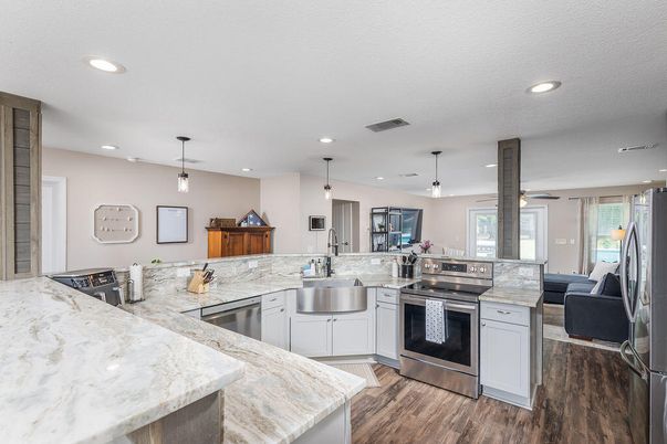 Interior, Kitchen, Pendant Lights, Recessed Lighting, Stainless Steel Appliances, Wood Texture Flooring