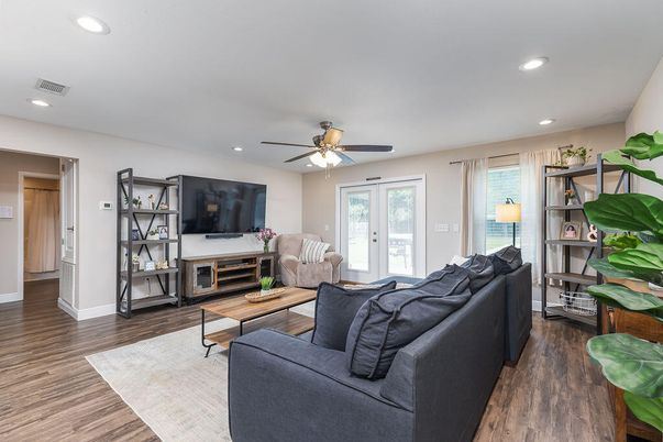 Interior, Living room, Recessed Lighting, Wood Texture Flooring