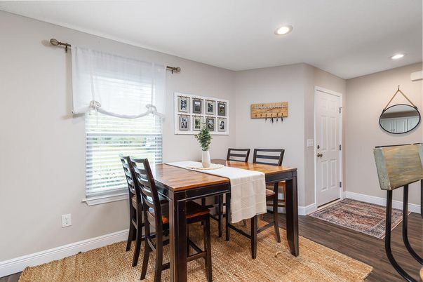 Dining room, Interior, Recessed Lighting, Wood Texture Flooring