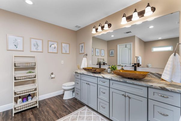 Bathroom, Dual Sink Vanities, Interior, Recessed Lighting, Wood Texture Flooring