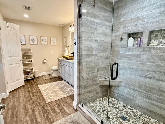Bathroom, Glass Shower, Interior, Recessed Lighting, Wood Texture Flooring