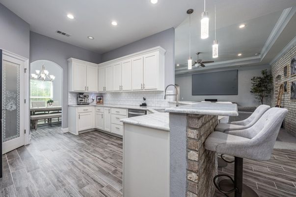 Chandelier, Interior, Kitchen, Pendant Lights, Recessed Lighting, Wood Texture Flooring