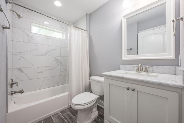 Bathroom, Interior, Marble Walls, Recessed Lighting, Wood Texture Flooring