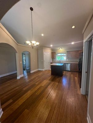 Chandelier, Interior, Kitchen, Recessed Lighting, Wood Texture Flooring