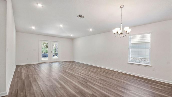 Chandelier, Empty room, Interior, Recessed Lighting, Wood Texture Flooring