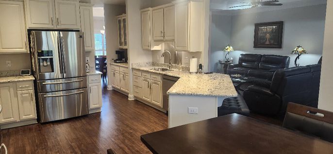 Interior, Kitchen, Living room, Stainless Steel Appliances, Wood Texture Flooring