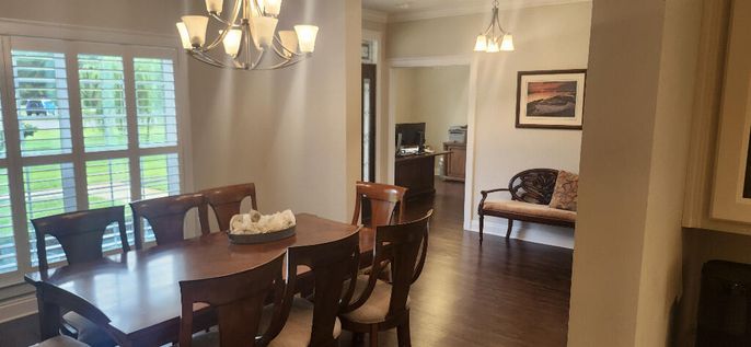 Chandelier, Dining room, Interior, Pendant Lights, Wood Texture Flooring