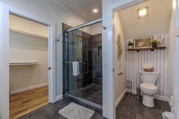 Bathroom, Glass Shower, Interior, Recessed Lighting, Walk-in Closets, Wood Texture Flooring