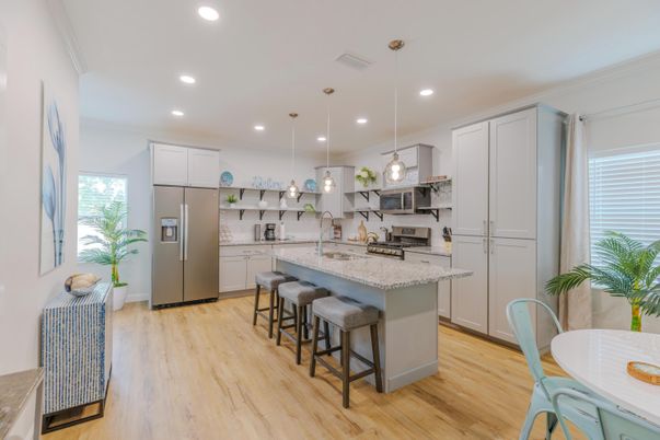 Interior, Kitchen, Pendant Lights, Recessed Lighting, Stainless Steel Appliances, Wood Texture Flooring
