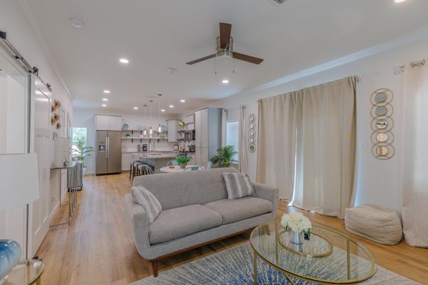 Interior, Kitchen, Living room, Pendant Lights, Recessed Lighting, Stainless Steel Appliances, Wood Texture Flooring