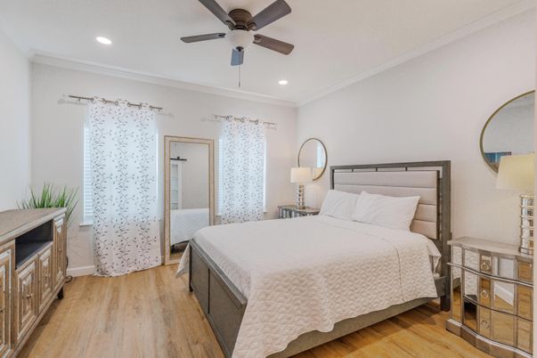 Bedroom, Interior, Recessed Lighting, Wood Texture Flooring