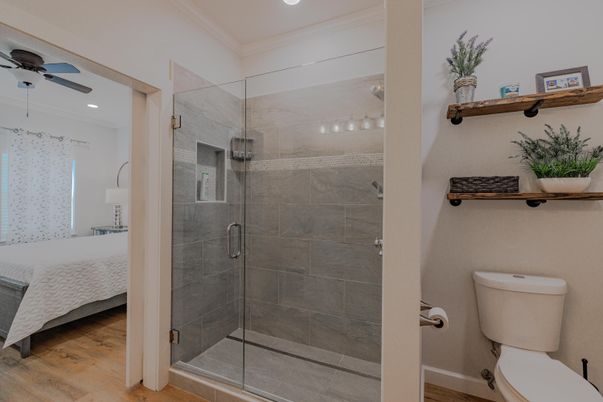 Bathroom, Bedroom, Glass Shower, Interior, Recessed Lighting, Wood Texture Flooring