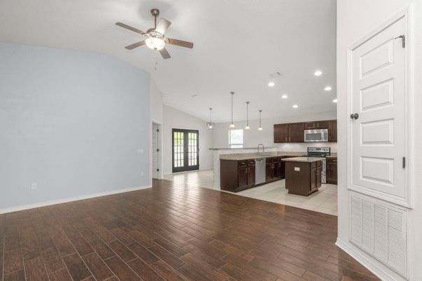 Empty room, Interior, Kitchen, Pendant Lights, Recessed Lighting, Wood Texture Flooring
