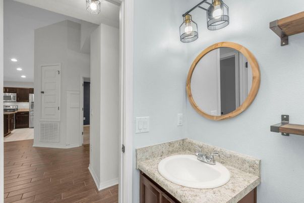 Bathroom, Interior, Recessed Lighting, Wood Texture Flooring