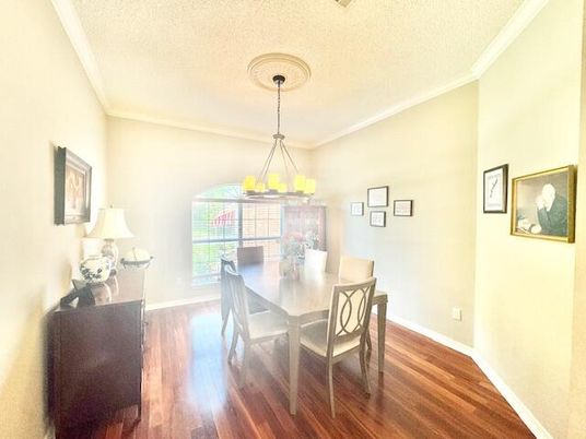 Chandelier, Dining room, Interior, Wood Texture Flooring