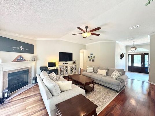Fireplace, Interior, Living room, Pendant Lights, Wood Texture Flooring