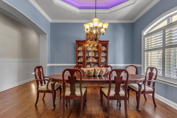 Chandelier, Dining room, Interior, Wood Texture Flooring