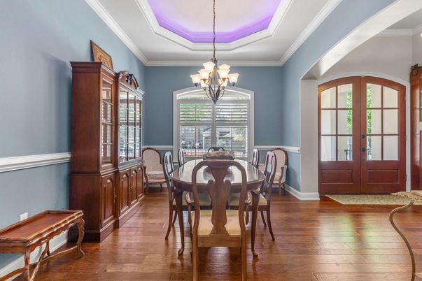 Chandelier, Dining room, Interior, Wood Texture Flooring