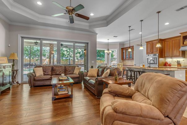 Interior, Kitchen, Living room, Pendant Lights, Recessed Lighting, Wood Texture Flooring
