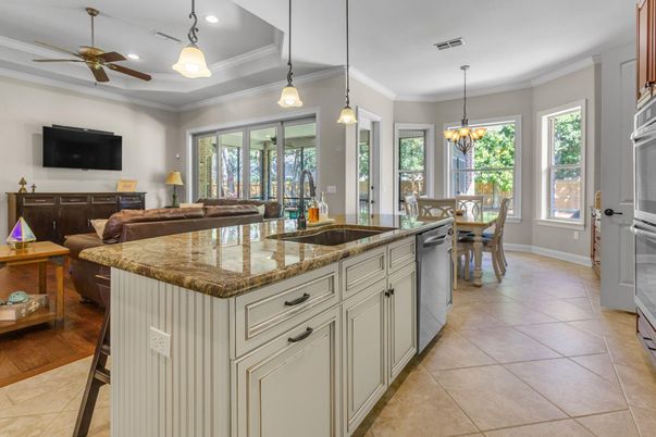 Chandelier, Dining room, Interior, Kitchen, Living room, Pendant Lights, Recessed Lighting, Wood Texture Flooring