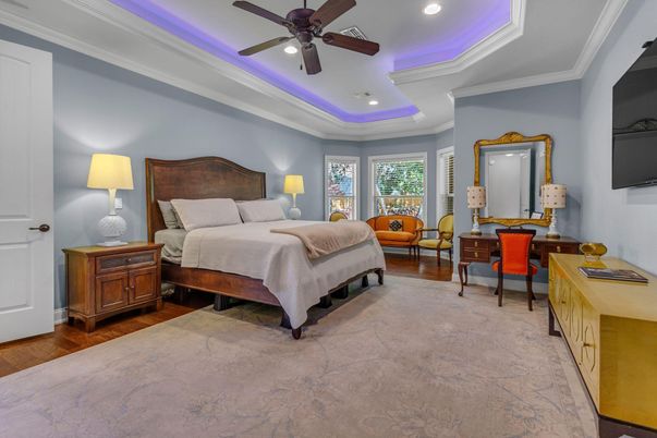 Bedroom, Interior, Recessed Lighting, Wood Texture Flooring