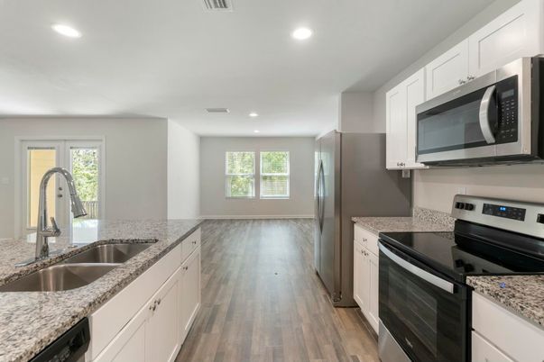 Interior, Kitchen, Recessed Lighting, Stainless Steel Appliances, Wood Texture Flooring