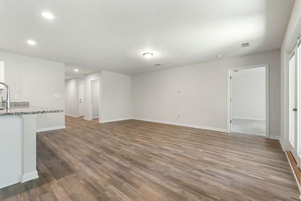 Empty room, Interior, Kitchen, Recessed Lighting, Wood Texture Flooring