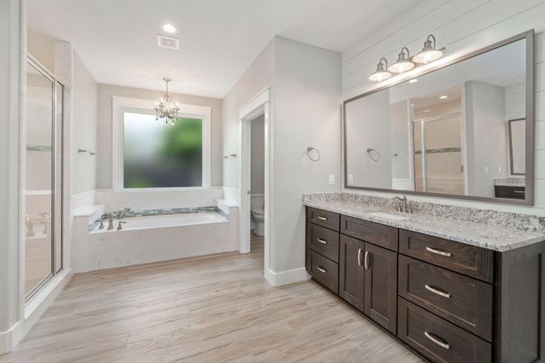 Bathroom, Chandelier, Dual Sink Vanities, Interior, Recessed Lighting, Wood Texture Flooring