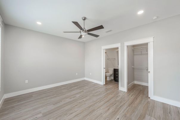 Bathroom, Empty room, Interior, Recessed Lighting, Wood Texture Flooring