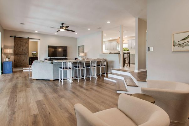 Interior, Kitchen, Living room, Recessed Lighting, Wood Texture Flooring