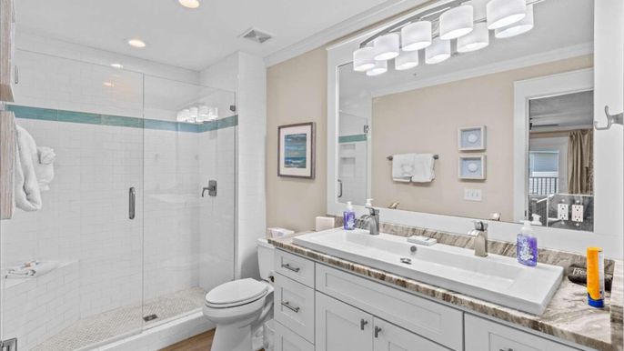 Bathroom, Glass Shower, Interior, Recessed Lighting