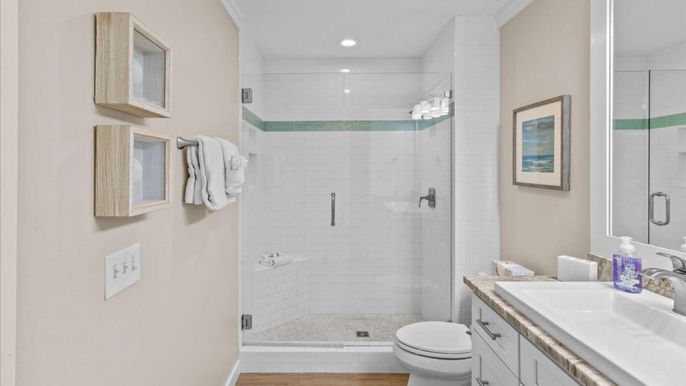 Bathroom, Glass Shower, Interior, Recessed Lighting, Wood Texture Flooring