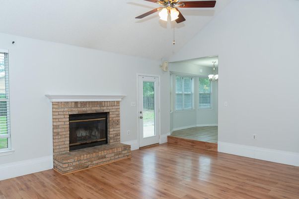 Chandelier, Empty room, Fireplace, Interior, Wood Texture Flooring