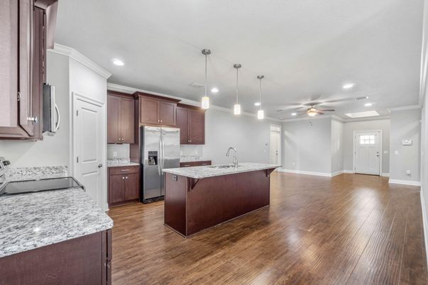 Interior, Kitchen, Pendant Lights, Recessed Lighting, Wood Texture Flooring