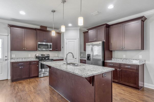 Interior, Kitchen, Pendant Lights, Recessed Lighting, Stainless Steel Appliances, Wood Texture Flooring