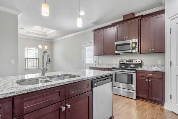 Interior, Kitchen, Pendant Lights, Recessed Lighting, Stainless Steel Appliances, Wood Texture Flooring