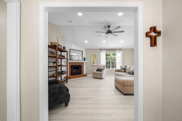 Fireplace, Interior, Living room, Recessed Lighting, Wood Texture Flooring