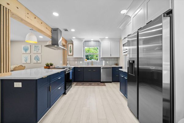 Interior, Kitchen, Pendant Lights, Recessed Lighting, Stainless Steel Appliances, Wooden Beams, Wood Texture Flooring
