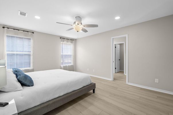 Bedroom, Interior, Recessed Lighting, Wood Texture Flooring