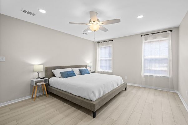Bedroom, Interior, Recessed Lighting, Wood Texture Flooring