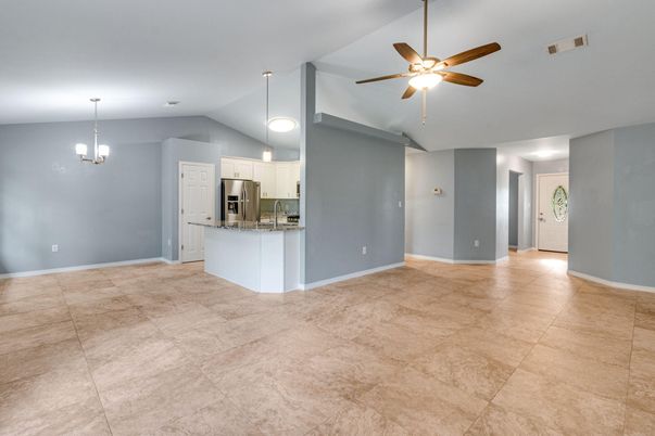 Empty room, Interior, Kitchen, Pendant Lights, Stainless Steel Appliances