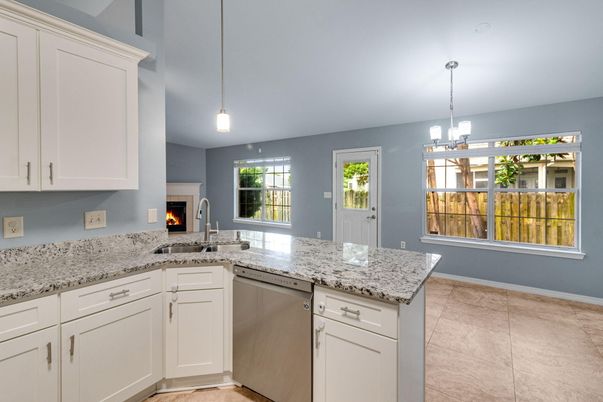 Fireplace, Interior, Kitchen, Pendant Lights