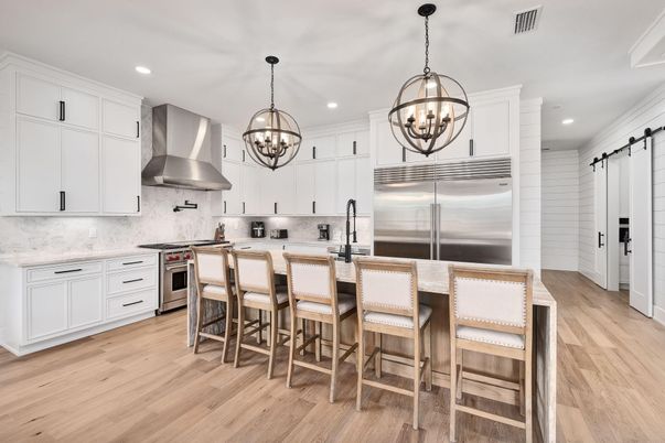 Chandelier, Interior, Kitchen, Pendant Lights, Recessed Lighting, Stainless Steel Appliances, Wood Texture Flooring