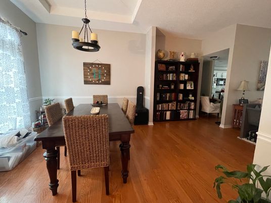 Dining room, Interior, Pendant Lights, Wood Texture Flooring