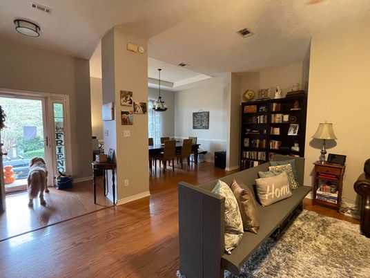 Dining room, Interior, Living room, Pendant Lights, Wood Texture Flooring
